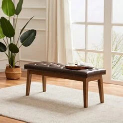 HUIMO Dining Leather Bench,Button-Tufted Entryway Bench, Kitchen Leather Seat Dining, Bedroom End Of Bench, Ottoman Bench, Living Room Solid Wood Indoor Bench,Brown