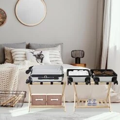 Babion Folding Luggage Racks For Guest Room With Shelf, Wooden Suitcase Stand, 2 Tier Foldable Luggage Racks With Heavy Duty Nylon Belts, Suitcase Bag Holder For Bedroom Guest Room, 2 Pack -Songmics Furniture Shop 51VukDkDE6L