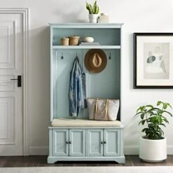 Crosley Furniture Holbrook Hall Tree, Distressed Seafoam Blue