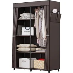 INGIORDAR Portable Closet Wardrobe Organizer Storage With Cover Non-Woben Fabric Portable Wardrobe Closet For Hanging Clothes Racks Shelving 34 Inch For Bedroom, Coffee