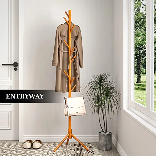 NicQliear Wooden Freestanding Coat Rack With 9 Hooks, Adjustable Coat Rack Stand 69.3" To Hang Clothes/Bags/Hats, Standing Coat Tree Perfect For Bedroom/Entryway/Hallway, Easy Assembly, Brown 4 NicQliear Wooden Freestanding Coat Rack With 9 Hooks, Adjustable Coat Rack Stand 69.3" To Hang Clothes/Bags/Hats, Standing Coat Tree Perfect For Bedroom/Entryway/Hallway, Easy Assembly, Brown - Image 4