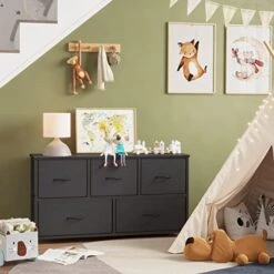 Cubiker Dresser Storage Organizer, 5 Drawer Dresser Tower Unit For Bedroom Hallway Entryway Closets, Small Dresser Clothes Storage With Wide Sturdy Steel Frame Wood Top, Black Grey