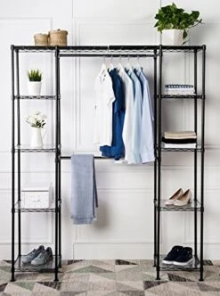 Amazon Basics Double Hanging Rod Garment Rolling Closet Organizer Rack, Black & Expandable Metal Hanging Storage Organizer Rack Wardrobe With Shelves, 14"-63" X 58"-72", Black -Songmics Furniture Shop 51WC5b7WugL