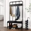 Allewie Coat Rack Shoe Bench, 76" Freestanding Hall Tree, Entryway Bench With Storage Shelves, Upholstered Sponge-Padded Seat, Organized With 5 Hooks, Industrial Accent Furniture, Easy Assembly, Black
