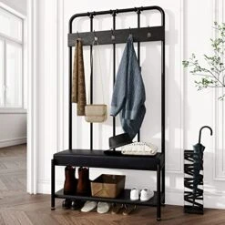 Allewie Coat Rack Shoe Bench, 76" Freestanding Hall Tree, Entryway Bench With Storage Shelves, Upholstered Sponge-Padded Seat, Organized With 5 Hooks, Industrial Accent Furniture, Easy Assembly, Black