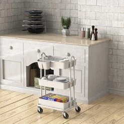 Simple Houseware 3-Tier Kitchen Cart Multifunctional Rolling Utility Cart With 2 Dividers And Hanging Bucket, White -Songmics Furniture Shop 51WMQGHgM4L