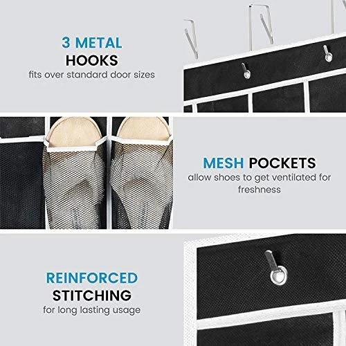 ZOBER Over The Door Shoe Organizer 3 Pack - 12 Mesh Pockets, Space Saving Hanging Shoe Holder For Maximizing Shoe Storage, Accessories, Toiletries, Etc. No Assembly Required (Black) 2 ZOBER Over The Door Shoe Organizer 3 Pack - 12 Mesh Pockets, Space Saving Hanging Shoe Holder For Maximizing Shoe Storage, Accessories, Toiletries, Etc. No Assembly Required (Black) - Image 2