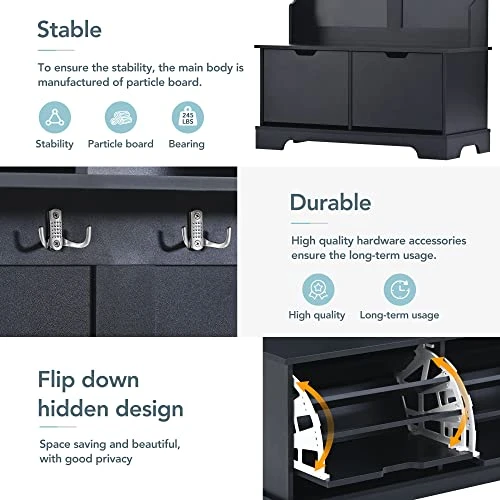 Petfu All In One Hall Tree With 3 Top Shelves And 2 Flip Shoe Storage Drawers, Wood Hallway Organizer With Storage Bench And Metal Hanging Hooks, Black 4 Petfu All In One Hall Tree With 3 Top Shelves And 2 Flip Shoe Storage Drawers, Wood Hallway Organizer With Storage Bench And Metal Hanging Hooks, Black - Image 4