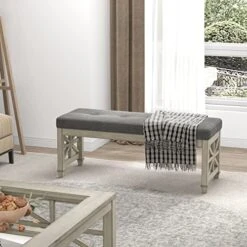 GENERIC 16.14 In. Dark Gray Upholstered Bench With Wood Legs Grey Modern Contemporary