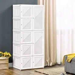 HOMCOM Portable Wardrobe Closet, Folding Bedroom Armoire, Clothes Storage Organizer With Cube Compartments, Hanging Rod, Magnet Doors, White
