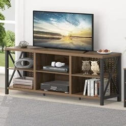 LVB TV Stand For 75 Inch TV, Large Industrial Rustic Entertainment Center With Storage Shelves, Long Modern Wood Metal Television Stand With TV Table Cabinet For Home Living Bedroom, Rustic Oak, 63 In