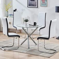 Round Dining Table With Tempered Glass Top - Modern Glass Dining Table Tea Coffee Table Office Kitchen Table Dining Room Table With Chrome Legs, 35.4 Diameter -Songmics Furniture Shop 51WppQj1AHL. AC