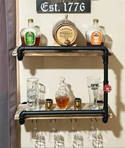 Industrial Wall Mounted Wine Racks With 4 Stem Glass Holder,24inch Rustic Metal Hanging Wine Holder Glass Rack,2-Tiers Floating Bar Shelves Bottle Holder Storage Shelves,Wood Shelves Wall Shelf