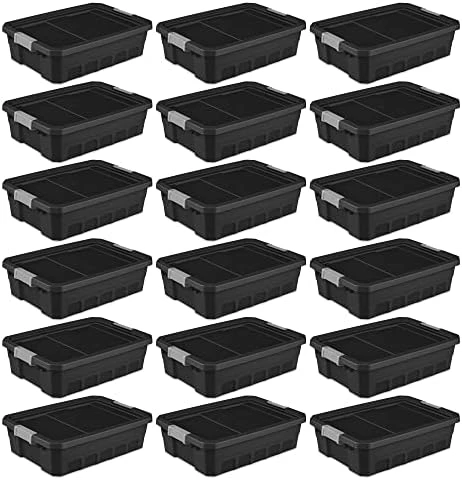 Sterilite 7.5 Gallon Stackable Rugged Industrial Storage Tote Containers With Gray Latching Clip Lids For Garage, Attic, Or Worksite, Black (6 Pack) 7 Sterilite 7.5 Gallon Stackable Rugged Industrial Storage Tote Containers With Gray Latching Clip Lids For Garage, Attic, Or Worksite, Black (6 Pack) - Image 7