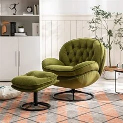 Velvet Swivel Accent Chair With Ottoman Set, Modern Lounge Chair With Metal Base Frame & Footrest, Comfy Single Leisure Sofa Chair Reading Chair With 360 Degree Swiveling For Living Room, Fruit Green