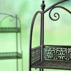 WHW Whole House Worlds Farmers Favorite 3 Tier Rack, Plant Stand, Black Powder Coated Iron, Punched Floral Fold-Out Rimmed Shelves, Finial Top Details, 23 1/2 L X 11 W X 48 H Inches,