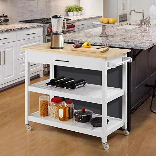 Yaheetech Kitchen Island Cart On Wheels, 3 Tiers Rolling Utility Cart With Drawer And 2 Spacious Storage Shelf, 40'' W Solid Wood Countertop, White 2 Yaheetech Kitchen Island Cart On Wheels, 3 Tiers Rolling Utility Cart With Drawer And 2 Spacious Storage Shelf, 40'' W Solid Wood Countertop, White - Image 2
