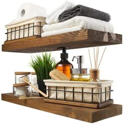 BAOBAB WORKSHOP Bundle - 2 Items: Wood And Wire Baskets With Floating Shelves For Bathroom Decor, Toilet Paper Storage, Living Room Bedroom And Kitchen