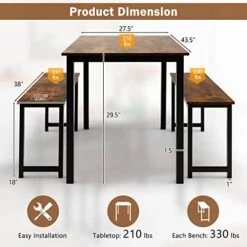 NAFORT 3-Piece Dining Table Set For 4, Metal And Wood Retangular Kitchen Table And 2 Benches Furniture Set For 4-6 Person, Space-Saving Dinette For Kitchen, Dining Room, Industrial Brown
