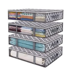 Fixwal Underbed Storage Bags Foldable Clothes Storage Bins With Clear Window Sturdy Zippers Storage Containers For Organizing Clothing Bedroom, 4-Pack Grey Pattern