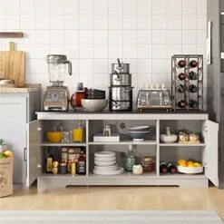 YITAHOME Buffet Cabinet, 59.5“ Farmhouse Sideboard Buffet Storage Cabinet With Barn Door Coffee Bar Cabinet With Capacity 300 Lbs For Home Dinning Living Room, Grey White/Espresso, 26“ Height -Songmics Furniture Shop 51XMsgqoNvL