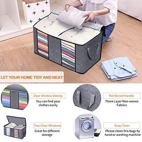 Purjoy 90L Large Storage Bags,6 Pack Closet Organizers And Storage,Clothes Foldable Storage Bins With Reinforced Handles Two Clear Window,Storage Containers For Clothing,Blanket,Comforters,Toys,Bedding(Grey 6Pack) 3 Purjoy 90L Large Storage Bags,6 Pack Closet Organizers And Storage,Clothes Foldable Storage Bins With Reinforced Handles Two Clear Window,Storage Containers For Clothing,Blanket,Comforters,Toys,Bedding(Grey 6Pack) - Image 3