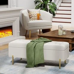 Andeworld Velvet Storage Bench, Modern Bedroom Bench, Upholstered Tufted Large Settee Ottoman With Storage Bench For Bedroom,Living Room,Entryway, Ivory -Songmics Furniture Shop 51XQQNf3GIL