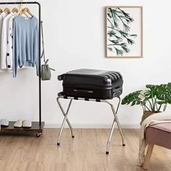 BETTARY Chrome Luggage Rack For Guest Room, Folding Metal Bag Suitcase Holder With Nylon Straps, Luggage Stand Ideal For Home Bedroom Guest Room Hotel, No Assembly Required (1)