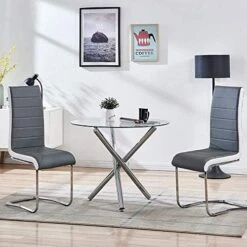 Round Dining Table With Tempered Glass Top - Modern Glass Dining Table Tea Coffee Table Office Kitchen Table Dining Room Table With Chrome Legs, 35.4 Diameter -Songmics Furniture Shop 51XU1h5i4zL. AC