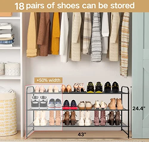 KEETDY 3-Tier Long Shoe Rack For Closet Metal Shoe Organizer For Entryway, Wide Stackable Shoe Storage Shelf With Sturdy Wire Grid For Closet Floor, Bedroom, Black 2 KEETDY 3-Tier Long Shoe Rack For Closet Metal Shoe Organizer For Entryway, Wide Stackable Shoe Storage Shelf With Sturdy Wire Grid For Closet Floor, Bedroom, Black - Image 2