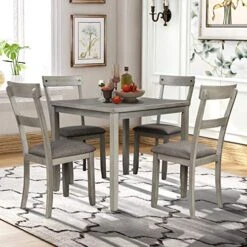 Merax 5 Piece Dining Table Set For Small Space, Farmhouse Style, Square Dining Room Table Set With Square Kitchen Table And 4 Padded Chairs Set