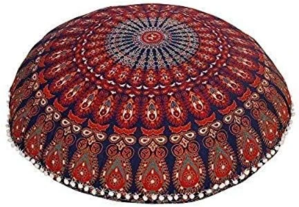 Rajasthaniartdecor Round Pouf Cover Cushion Cotton With Pom Meditetion Seating For Living Dorm Room Color Size 32 Inch Inches (Cover Only) (Blue Gold), RADC003-V, Inches(80 Cm) 7 Rajasthaniartdecor Round Pouf Cover Cushion Cotton With Pom Meditetion Seating For Living Dorm Room Color Size 32 Inch Inches (Cover Only) (Blue Gold), RADC003-V, Inches(80 Cm) - Image 7