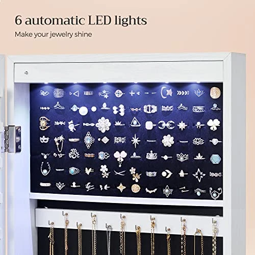 SONGMICS 6 LEDs Mirror Jewelry Cabinet, 47.2-Inch Tall Lockable Wall Or Door Mounted Jewelry Armoire Organizer With Mirror, 2 Drawers, White UJJC93W 4 SONGMICS 6 LEDs Mirror Jewelry Cabinet, 47.2-Inch Tall Lockable Wall Or Door Mounted Jewelry Armoire Organizer With Mirror, 2 Drawers, White UJJC93W - Image 4