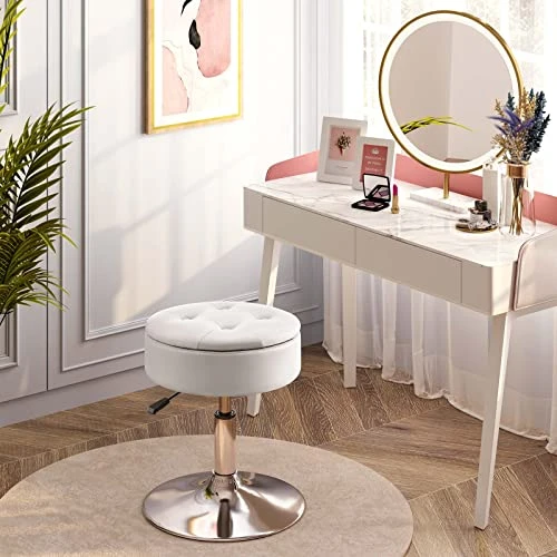 GREENSTELL Vanity Stool With Storage, 360°Swivel Makeup Stool, 17.9" To 24.2" Height Adjustable PU Leather Vanity Chair With Removeable Tray, Modern Round Ottoman For Bedroom Bathroom White 2 GREENSTELL Vanity Stool With Storage, 360°Swivel Makeup Stool, 17.9" To 24.2" Height Adjustable PU Leather Vanity Chair With Removeable Tray, Modern Round Ottoman For Bedroom Bathroom White - Image 2