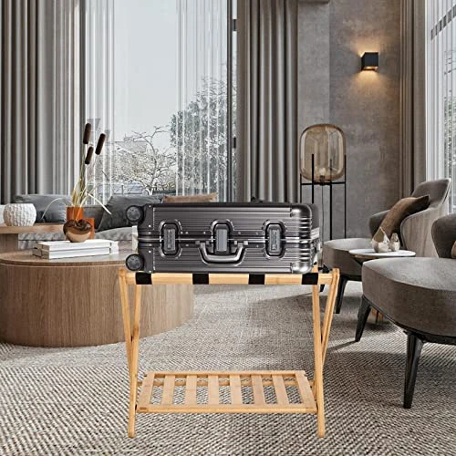 Folding Luggage Rack For Guest Room Pack Of 2 Foldable Luggage Racks For Suitcase Stand With Nylon Straps,Luggage Stand Double Tiers Bamboo Luggage Holder With Shelf For Bedroom,Hotel,No Assembly Required 7 Folding Luggage Rack For Guest Room Pack Of 2 Foldable Luggage Racks For Suitcase Stand With Nylon Straps,Luggage Stand Double Tiers Bamboo Luggage Holder With Shelf For Bedroom,Hotel,No Assembly Required - Image 7