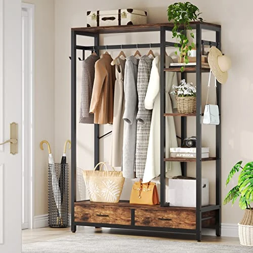 LITTLE TREE Free-standing Closet Organizer, 79" Coat Rack With 2 Drawers, Hall Tree With Hooks And Shelves, Industrial Garment Rack For Entryway, Bedroom, Living Room 4 LITTLE TREE Free-standing Closet Organizer, 79" Coat Rack With 2 Drawers, Hall Tree With Hooks And Shelves, Industrial Garment Rack For Entryway, Bedroom, Living Room - Image 4