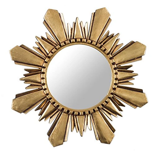 NOVICA Leaf Round Starburst Mohena Wood With Bronze Wall Mounted Mirror, Metallic 'Cuzco Sun' 1 NOVICA Leaf Round Starburst Mohena Wood With Bronze Wall Mounted Mirror, Metallic 'Cuzco Sun'
