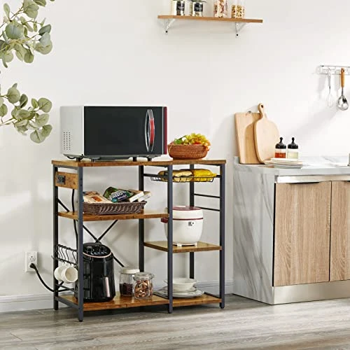 SUPERJARE Kitchen Bakers Rack With Power Outlet, Coffee Bar Table Station, Kitchen Microwave Stand With 6 S-Shaped Hooks, Wire Basket, Kitchen Storage Shelf Rack - Rustic Brown 2 SUPERJARE Kitchen Bakers Rack With Power Outlet, Coffee Bar Table Station, Kitchen Microwave Stand With 6 S-Shaped Hooks, Wire Basket, Kitchen Storage Shelf Rack - Rustic Brown - Image 2