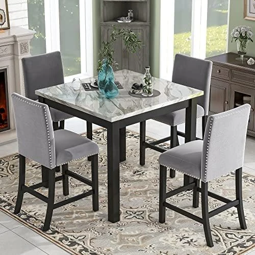 Harper & Bright Designs 5-Piece Faux Marble Top Dining Set, Counter Height Kitchen Table Set-Dining Table W/Faux Marble Top And 4 Beige High Back Upholstered Chairs W/Nailed Trim 7 Harper & Bright Designs 5-Piece Faux Marble Top Dining Set, Counter Height Kitchen Table Set-Dining Table W/Faux Marble Top And 4 Beige High Back Upholstered Chairs W/Nailed Trim - Image 7