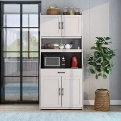 LOVMOR Kitchen Pantry Storage Cabinet, 71" One-Body Style Pantry Cabinet With Doors And Drawers, Storage Buffet With Adjustable Shelves And Drawers For Living Room, Dining Room, Antique White