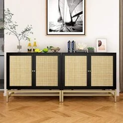 Goujxcy Rattan Accent Storage Cabinet, Farmhouse Wood Sideboard Buffet Cabinet With 2 Doors And Adjustable Shelves, Kitchen Cupboard Server Console Table For Dining Room, Bedroom, Hallway, Black -Songmics Furniture Shop 51YIODporRL. AC