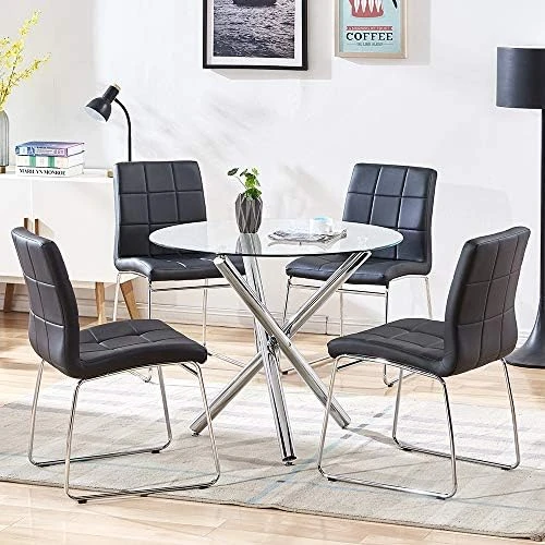 WENYU 5 Pieces Glass Dining Table Set, Round Kitchen Table With Clear Tempered Glass Top, Modern Dining Table And Chairs Set For 4 Person (Table + 4 Gray Chairs) 10 WENYU 5 Pieces Glass Dining Table Set, Round Kitchen Table With Clear Tempered Glass Top, Modern Dining Table And Chairs Set For 4 Person (Table + 4 Gray Chairs) - Image 10