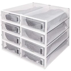 WAYTRIM Stackable Boots Storage Box,8 Pack Foldable Boots Box Organizer And Storage Boots Box Clear Plastic Storage Bins Shoe Container Drop Front Shoe Drawers For Boots,White