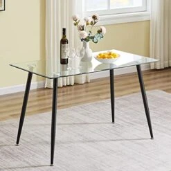 Glass Dining Table - Rectangular Tempered Glass Kitchen Table - Small Modern Glass Dining Room Table For 4 With Solid Metal Black Legs, Coffee Table For Living Room,Office,Small Space 47.2*27.6*29.5"