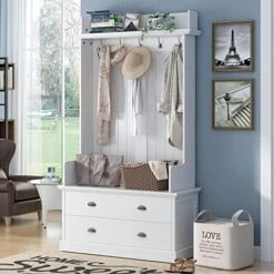 Vintage Style 38.5" Wide Hallway Coat Rack With 5 Metal Hooks And 2 Large Drawers Hall Tree, Metal Drawer Handles Entryway Bench Coat Hanger, White(Old SKU: WF286982AAK) -Songmics Furniture Shop 51YSok 3SoL. AC