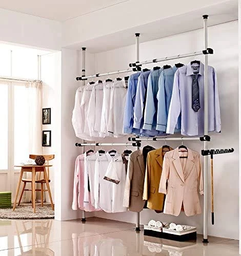 Estink Garment Rack Clothing Hanger, Heavy Duty Adjustable Closet Rod Double Rail,Simple No Drilling For Bedroom Freestanding Wardrobe Closet Organizer System,3 Vertical Poles 4 Bars 2 Estink Garment Rack Clothing Hanger, Heavy Duty Adjustable Closet Rod Double Rail,Simple No Drilling For Bedroom Freestanding Wardrobe Closet Organizer System,3 Vertical Poles 4 Bars - Image 2