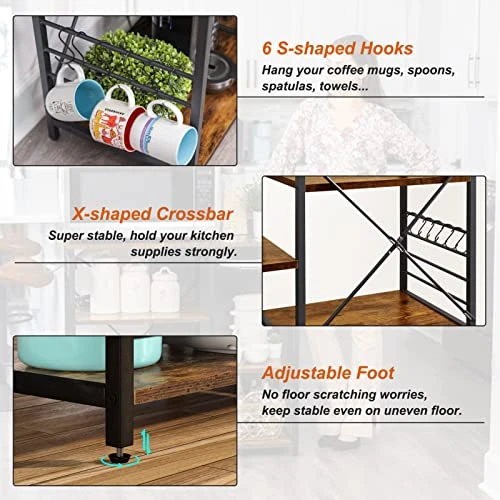 SUPERJARE Kitchen Bakers Rack With Power Outlet, Coffee Bar Table Station, Kitchen Microwave Stand With 6 S-Shaped Hooks, Wire Basket, Kitchen Storage Shelf Rack - Rustic Brown 4 SUPERJARE Kitchen Bakers Rack With Power Outlet, Coffee Bar Table Station, Kitchen Microwave Stand With 6 S-Shaped Hooks, Wire Basket, Kitchen Storage Shelf Rack - Rustic Brown - Image 4