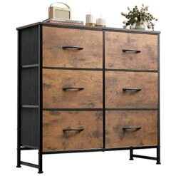 WLIVE Fabric Dresser For Bedroom, 6 Drawer Double Dresser, Storage Tower With Fabric Bins, Chest Of Drawers For Closet, Living Room, Entryway, Rustic Brown Wood Grain Print