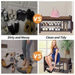 Bamboo Shoe Bench Entryway With Storage,FURFIMU Entryway Bench, Bench With Storage Basket,Bamboo Bench Removable Brown Cushion,2-Tier Entryway Shoe Storage With Umbrella Stand,Living Room Or Hallway-L -Songmics Furniture Shop 51YpJBa4r4L