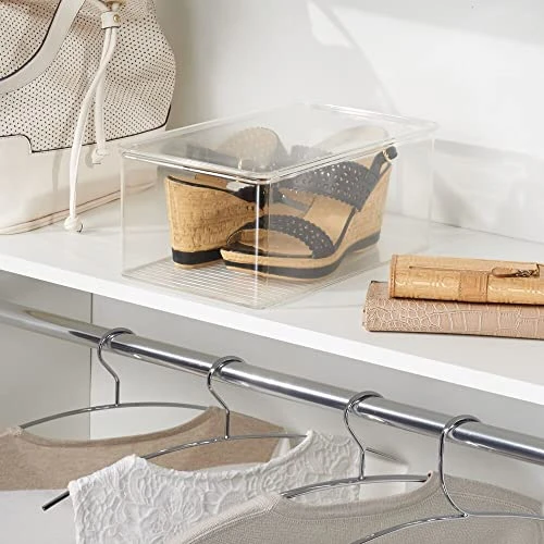 MDesign Stackable Plastic Closet Storage Container Bin Box With Hinge Lid For Organizing Shoes, Booties, Pumps, Sandals, Wedges, Flats, Heels - Lumiere Collection - Clear 2 MDesign Stackable Plastic Closet Storage Container Bin Box With Hinge Lid For Organizing Shoes, Booties, Pumps, Sandals, Wedges, Flats, Heels - Lumiere Collection - Clear - Image 2